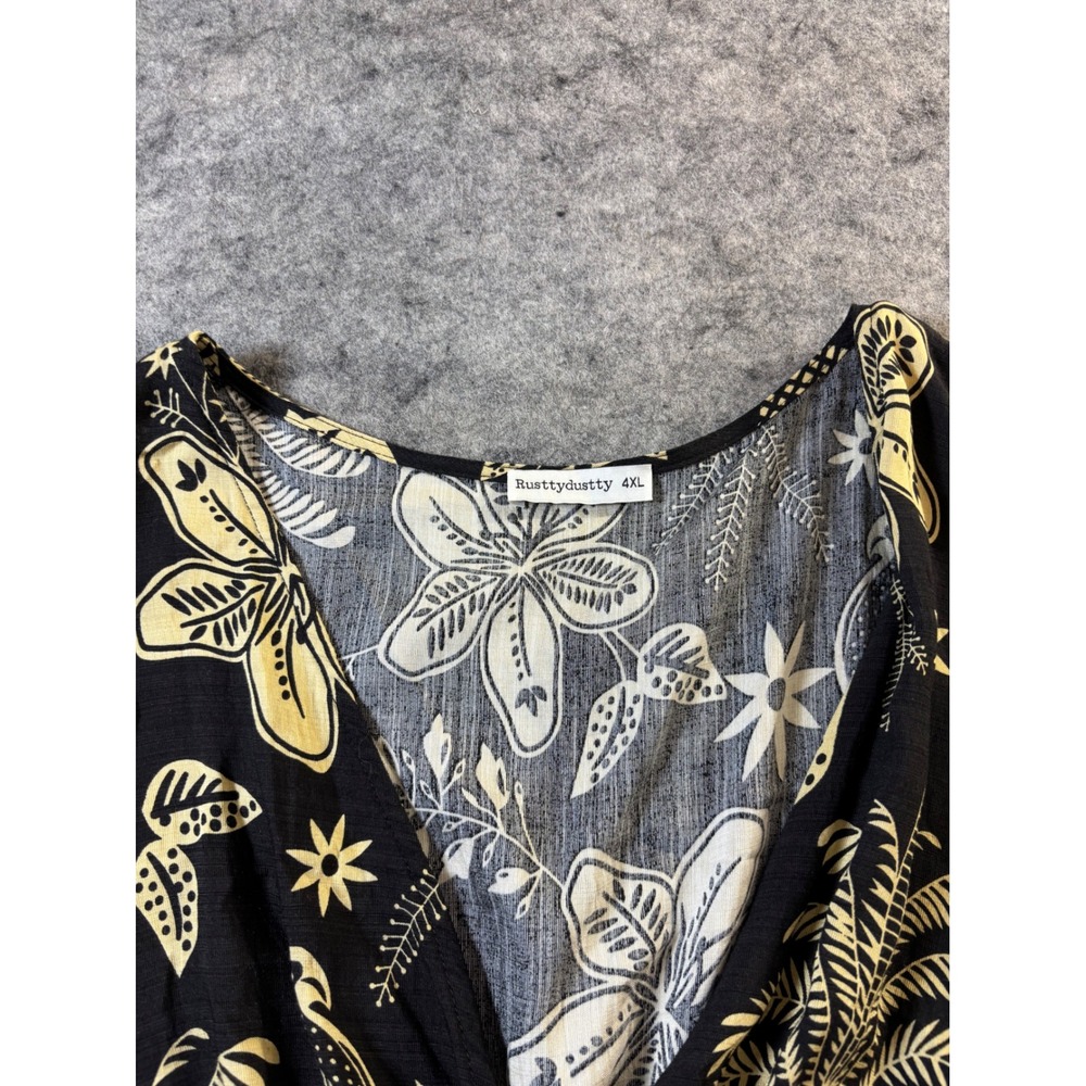 Rusttydustty Womens 4X Tropical Palm Print Smocked Waist Maxi Dress Black Yellow - Picture 4 of 10